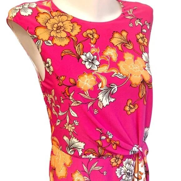 Vince Camuto dress floral mixed print sleeveless side knot twist front midi - Picture 4 of 16